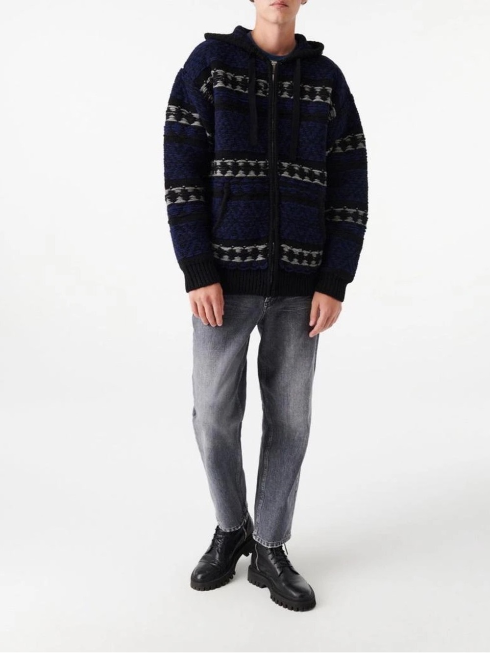 Iro Gilet Jacquard Men's Blue and Black Hooded Sweater